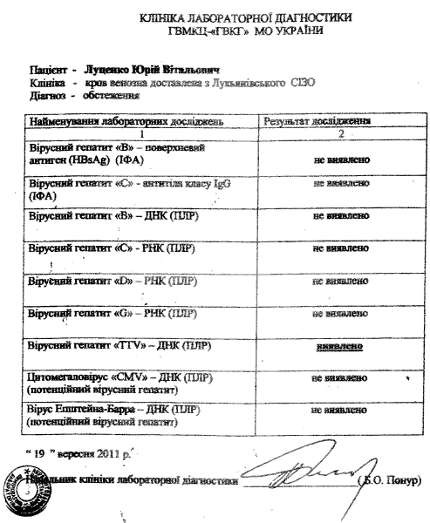 Діагноз Луценко від 19 вересня 2011 року, встановлений клінікою лабораторної діагностики ГВМКЦ «ГВКГ» Міноборони України. Фото: nso.org.ua